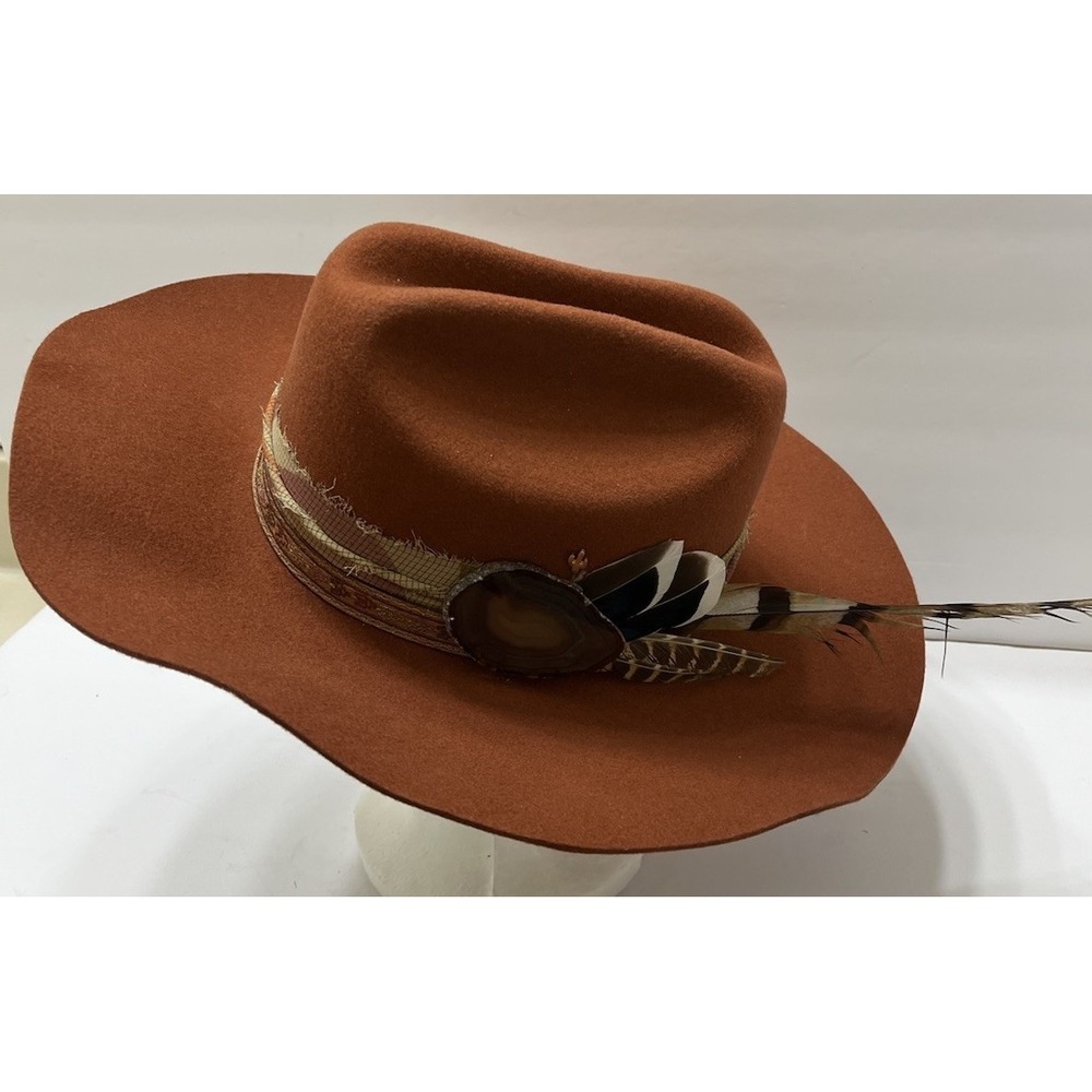 Wool Felt Western Hat By Flea Style Women's Rider 7 3/8 Rust Copper Feathers